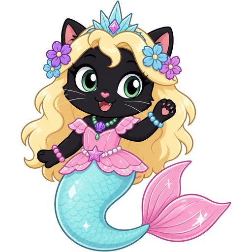 black cat with light yellow hair purple and blue flowers light cyan crown purple and green necklace pink and blue bracelets pink dress attached to long light cyan mermaid tail with pink tail fins with white highlights (star vs the forces of evil)