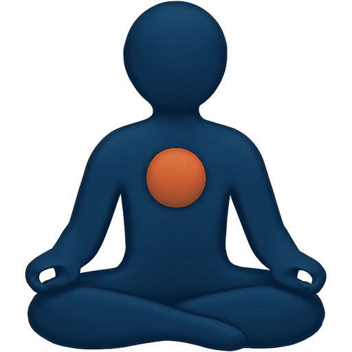 A simple dark blue silhouette of a person sitting in meditation. A small, warm terracotta circle is over their heart area. Beige background. Symbolizes mindfulness and being centered.