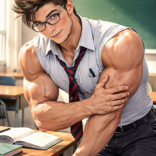 A Real life Full Body Image of a Hunky and Muscular Handsome and Masculine Guy with Brown Spiked hair and Blue eyes and with Chunky Arms and Pecs. Wearing A Sleeveless button up School Uniform. And wearing glasses. blushing. flexing his triceps by leaning on the table and Massaging them. Flirting with a girl