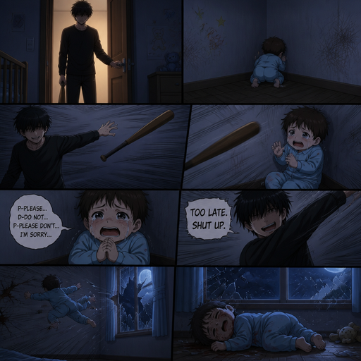 He opens the door and the baby crawls into a corner scared. Then a bat is flung and he misses The the baby flinches and begs not to but he doesn’t listen and the baby flys and hits the window and lays there