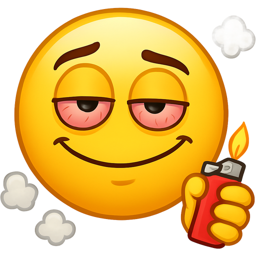 A stoned emoji , Playful smirk with raised eyebrow and bloodshot, half-lidded eyes, holding a red lighter. Small smoke clouds around in the foreground