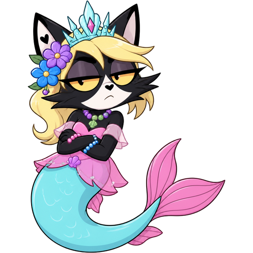 black cat with light yellow hair purple and blue flowers light cyan crown purple and green necklace pink and blue bracelets pink dress attached to long light cyan mermaid tail with pink fins based on husk hazbin hotel