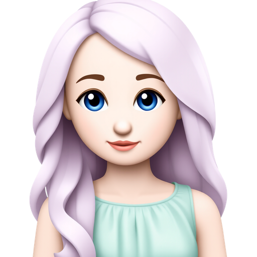 A whimsical woman with sparkling pastel blue eyes, styled in soft lavender shades, cascades her cotton candy pink hair down in gentle waves. She wears a flowing mint green sundress adorned with tiny cloud motifs, and her skin glows with a delicate peachy blush, completing the pastel emoji fantasy.