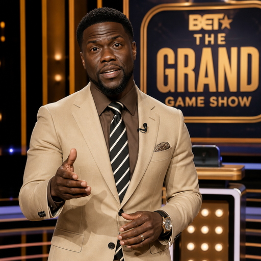 Kevin hart grand beige blazer and brown shirt and black and white with stripes tie tv ๐บ bet game show series