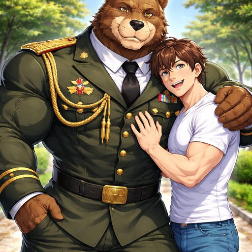 A Full BODY and FACE of a Muscular and Buff and a Gigantically Muscular with Chunky Gigantic Pecs AND biceps and a BIGGER head with the Perfect Waist. VERY Masculine and handsome Anime Bara Furry Grizzly Bear with a Very Good-looking and Mature Face and brown eyes with a wrestler type body. Dressed in a normal sized Military genaral Uniorm. With his Human Boyfriend wearing a white shirt and jeans. Hugging him. At a Park, Walking. Posing for A picture