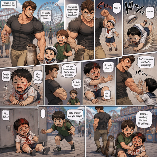 A DETAILED AND LIFELIKE LONG Anime Comic Book story view of a Bulky but Muscular ANIME Cute Bara Man With Peach toned skin Who looks Normal aind round facial Structure and Basic facial structure With Puffy and Big Pecs that are visible through the shirt and Biceps and Bandaid on his nose and Brown short hair that makes them look tough. Wearing normal With his pet Grown and healthy realistic otter and 2 little brothers that are in different ages but young. At the amusmemt park And the baby with his sailor outfit on and already holding his hand he picks the little baby brother up alone but by the arm and the baby brother fly’s into to the floor and then cries and the baby brother sits there coughing red and red dripping down his nose from his skin and shaking. And the baby doesn’t know good English. He leaves the baby and Tells the baby how much he doesn‘t like him and the the Baby stains it‘s own shirt with red his nose and tries to hug him but says it‘s gross and pushes him away to the cabinets and lays leaning on the Cabinets weak and doesn’t move, and Red on his head. And the other brother is so scared and wants to help his brother
