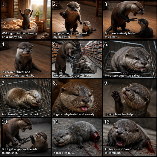 A Long COMIC BOOK and shows the otter story Waking up in the morning on a Sunny day and no cin pajamas and his pet otter but Excessively bully’s the otter and. in the grocery store and the Otter coughs up Saliva and takes a nap in the cart and gets dehydrated and sweaty. But the otter losses its tail due to complaining