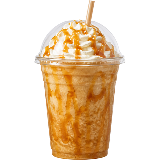 Caramel Coffee with Whipped Cream Drizzle with Caramel Soft Shaved Ice Slushie in a Plastic Cup and Plastic Dome Lid with a Straw Mixed in with Extra Syrup