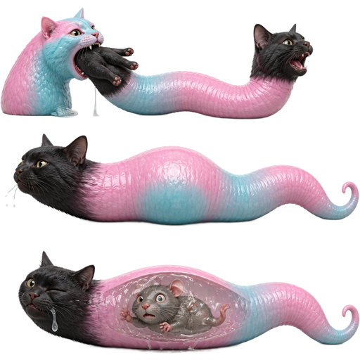 light cyan and pink cat with a long, pink and light cyan, serpentine body eats a mouse feet first black cat with a long, pink and light cyan, serpentine body swallows it black cat burps with a bulge in a long, pink and light cyan, serpentine body mouse covered with drool worried in the stomach