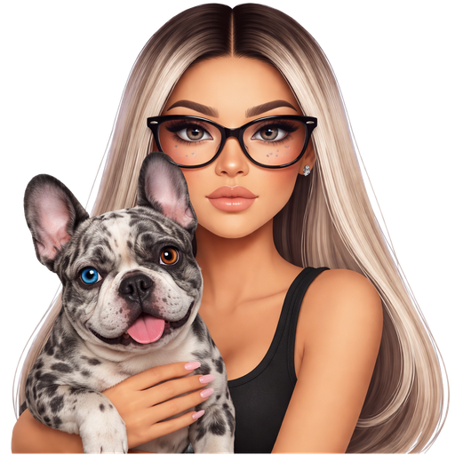 40 year old latina baddie with slim face and lips not too full and a slight bumpy nose round face cheek bones with dark freckles across her nose and almond shaped LIGHT GRAY colored eyes lashes with fair skin with dark freckles across nose with shiny earring stud in her nose and very long straight icy blonde hair and dark roots parted in the middle and wearing large black glasses wearing a black tank top with a serious face and light pink color nails and holding a gray merle french bulldog that has one blue and one brown eye