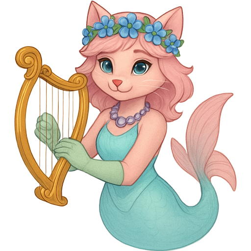 Male light pink anthro cat with pink hair blue flower crown with light purple shell necklace light cyan dress attached to long light cyan mermaid tail with pink fins light green gloves holding a golden harp artistic creation, beautiful art