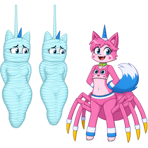unikitty version wrapped up and mummified fully covered in a #B8FFFF spider slik cocoon shaped like anthro female cat anthro worried arms behind back with #B8FFFF spider slik wrappings completely covered with thick layers non-transparent #B8FFFF spider slik wrappings hanged to the ceiling on the left side next to wrapped up and mummified fully covered in a #B8FFFF spider slik cocoon shaped like anthro female cat anthro worried arms behind back with #B8FFFF spider slik wrappings completely covered with thick layers non-transparent #B8FFFF spider slik wrappings hanged to the ceiling the left side next to happy anthro femboy pink cat drider with blue and white tail white wrists blue hands white ankles yellow tips on spider legs green collar blue unicorn horn wearing femboy clothing based on unikitty