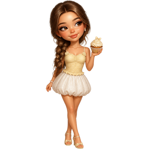 semi-realistic soft cartoon luxury glam, mini plush Bratz-doll aesthetic, cinematic glow, crisp clean detail, glossy glam skin. brown eyed Petite 5ft girl, fair skin with soft freckles, wide face with tall forehead, honey-brown almond wide-set upturned eyes, fluttery lashes, shimmer highlight, plush lips, bottom heavy lip, sweet Belle-princess vibe, long straight brunette hair with visible caramel highlights, wearing a pale lemon ruched cami with tiny rosette straps and a white textured bubble mini skirt, pearl bracelet and delicate heels, hair in a soft side braid that turns into waves, makeup with buttery shimmer lids and honey-pink lips, holding a cupcake and smiling off to the side