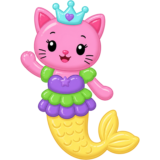 rubber pooltoy pink cat princess with light cyan crown purple and green rubber pooltoy dress rubber pooltoy long light yellow mermaid tail clipart cartoon
