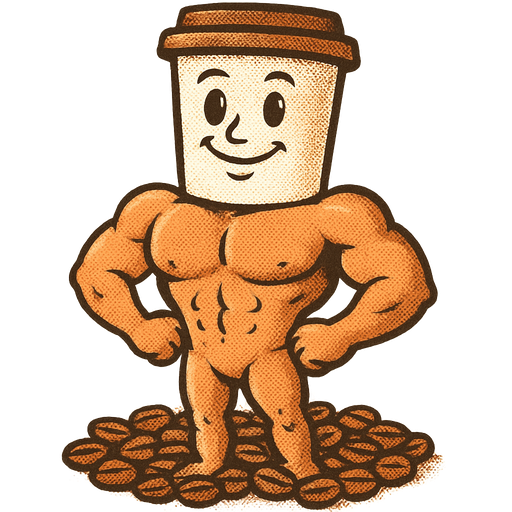 A muscly bloke, standing in a pool made of coffee beans. whose neck seamlessly morphs into a take-away coffee cup for a head; it has masculine eyes and a friendly smile. He has a full body tan