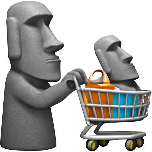 official Apple Moai stone statue emoji pushing shopping cart containing another Moai stone statue and shopping bags
