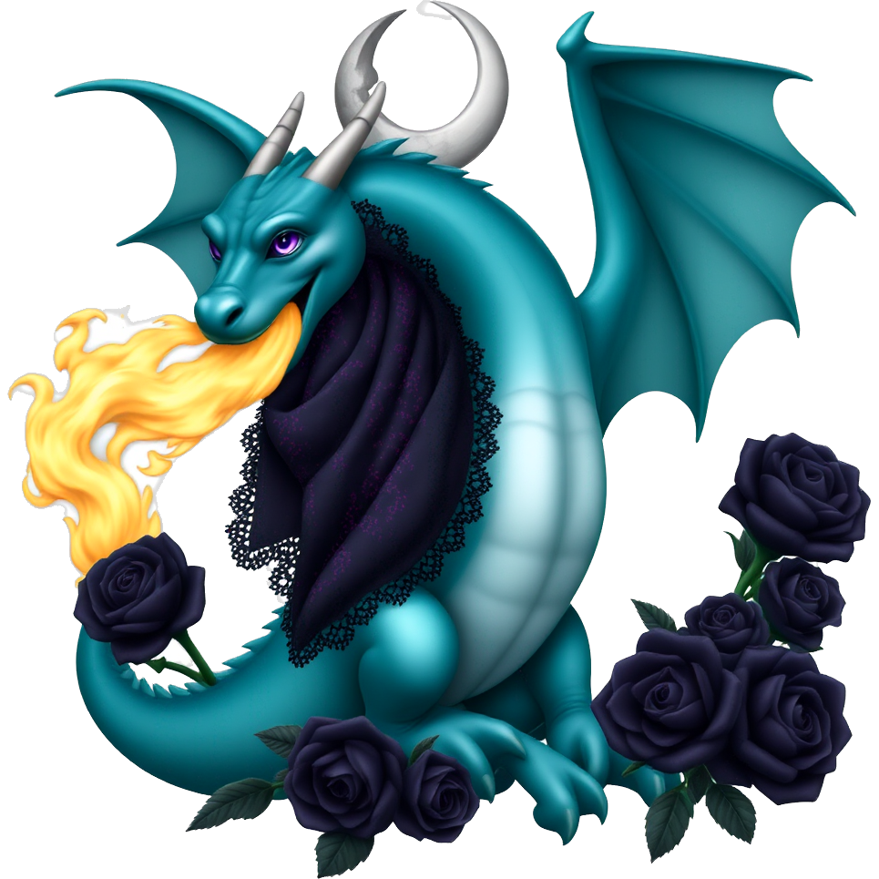 A teal dragon draped in tattered black lace, its wings adorned with purple skull patterns, exhales eerie yellow flames that swirl like shattered glass. Its piercing violet eyes glow ominously beneath a silver crescent moon, surrounded by swirling mist and dark roses, embodying a gothic fusion of elegance and danger.