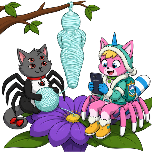 #B8FFFF sticky slik mummy-like-cocoon human entombed wrapped up and mummified fully covered in a #B8FFFF spider slik cocoon shaped like human with arms behind back with #B8FFFF spider slik wrappings completely covered with thick layers non-transparent #B8FFFF spider slik wrappings #B8FFFF hanging to branch next to Furuko the spider cat grey cat black arms and legs white belly fur six eyes red hourglass marking on tail red collar with spider charm holding a #B8FFFF ball of yarn made of #B8FFFF spider slik on purple flower next to happy pink cat anthro furry boy drider with yellow hair blue and white tail white wrists blue hands white socks yellow boots green collar blue unicorn horn based on unikitty wearing everest's hat and everest's clothing with everest's backpack holding Samsung phone on leaf