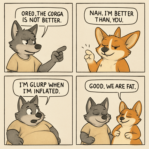 Eliot wolf says Oreo the corgi is not better and Oreo the corgi says nah I’m better then you Eliot wolf says I’m glurp when I’m inflated oreo the corgis belly boing and keep snapping finger and closed eyes and Eliot wolf says good we are fat