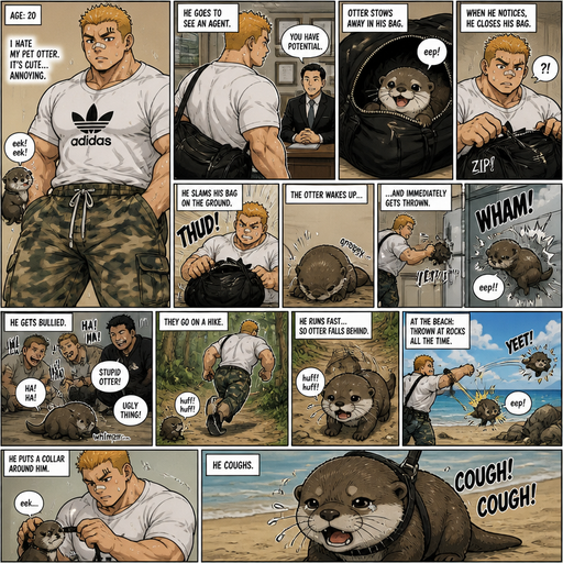 age Anime Comic book story about of a Bulky ANIME Cute Bara Man American 20 year old with a ROUND and BASIC facial structure and Young Adult BARA CUTE that is Peach Toned skin not anything else MALE not to detailed With bigger than average Pecs that are visible through the shirt and Biceps and a big Bandaid on his nose. Wearing a White baggy Adidas shirt and Shorts that is tight around the waist and Baggy Camo Cargo pants drenched in sweat and Short and yellowish orange Hair and Bright Gold Fluffy Hair and Strait with brown eyes and black eyebrows with a Three finger Slash on his Eyebrow. With no Facial Hair. Taking his pet Baby CUTE Otter that can’t talk but makes sounds and he hates. He goes to an agent and Otter stows away in his bag and when he notices he closes his bag, slams his bag on the ground giving otter and the otter wakes up and immediately gets Throwing at the fridge and get bullied. And they go a hike and he run fast so otter falls behind and at the beach throws him at rock all the time. and puts a collar around him and he coughs