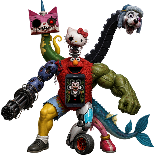 Amalgamation unikitty's head with serperior's neck with hello kitty's head with mangle's neck elmo's body with Samsung phone with omega flowey's face on it toy Bonnie's left arm with left Gatling gun hand weapon hulk's right arm homer simpson's left leg teen titans go cyborg's right leg with lightning mcqueen's wheels amy rose's back leg and vaporeon's tail with ender dragon's neck with everest's head