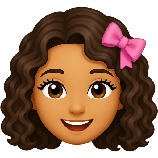 tan girl with shoulder length dark brown curly hair and eyelashes and a cute bow in her hair is smiling