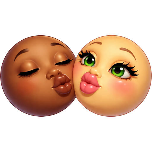 Two emoji heads round head and faces one darker brown color brown eyes, natural lips, natural eyes, no blush, turning with puckered lips to kiss other emoji's plump big pink glossy lips this emoji color tan is slightly turned towards first emoji green eyes add fake longer eye lashes, add light pink blush puckered lips womanly features