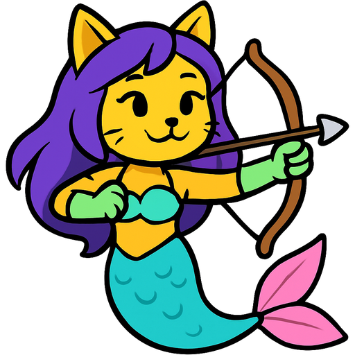 yellow cat anthro with purple hair with very long cyan and white mermaid tail with pink fins light green gloves and swimsuit top blue +🏹