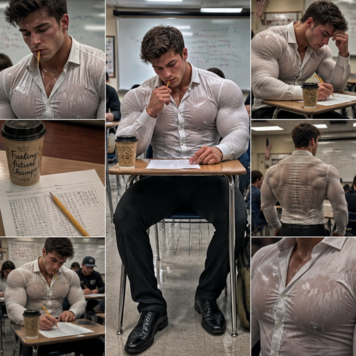 A Full Body Image of an Incredibly Muscular White skinned Young adult with a Basic and Round Facial Structure with Dark Brown hair and brown eyes and Big Pecs that Are Noticeable through the shirt with a Grotesque and Huge wrestler’s body. In a School Classroom. Buttoned up in a Collard White Shirt drenched in Sweat with a Pencil in his Mouth Looking at his Paper Thinking. with Coffee on his Desk