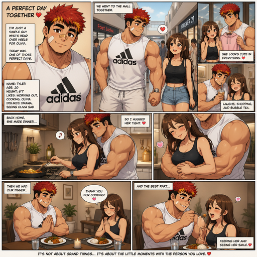 A Full page Anime Comic book story about of a masculine and Bulky ANIME Cute Bara Man American 20 year old with a ROUND and BASIC facial structure and TENAGE BARA CUTE MALE not to detailed With bigger than average Pecs that are visible through the shirt and Biceps and a big Bandaid on his nose and Left Cheek and Right Eye brow. Wearing a no piercings Baggy White Adidas Sleeveless Shirt and Shorts and Red Hair and Bright Orange Hair Tips and Strait with brown eyes and black eyebrows. At the Mall Together, and he is holding hand with his Olivia his Crush. In the Kitchen Putting his arms around her waist when she is making dinner. And then There dinner and feed her food at the dinner table