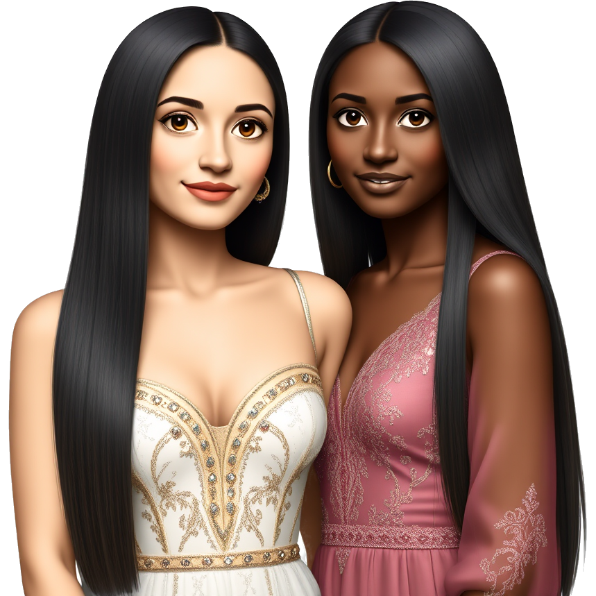 Make a beautiful light morrocan girl with straight hair and a beautiful dark girl and they are wearing luxury style dresses and they are together
