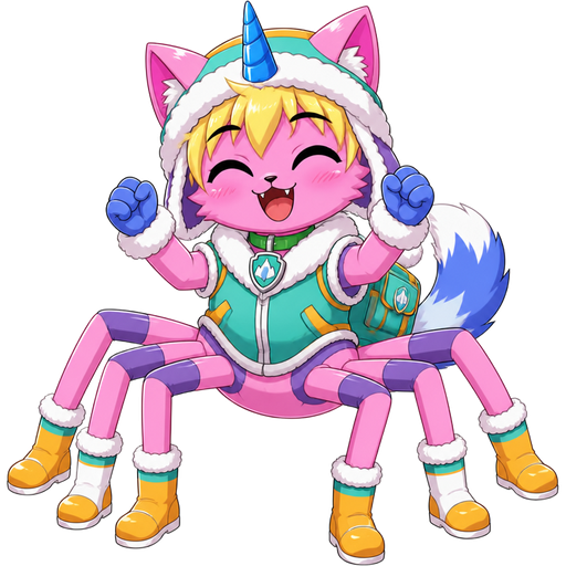 happy pink cat anthro furry boy spider with yellow hair blue and white tail white wrists blue hands purple 6 legs white socks yellow boots green collar blue unicorn horn based on unikitty wearing everest's hat and everest's clothing with everest's backpack