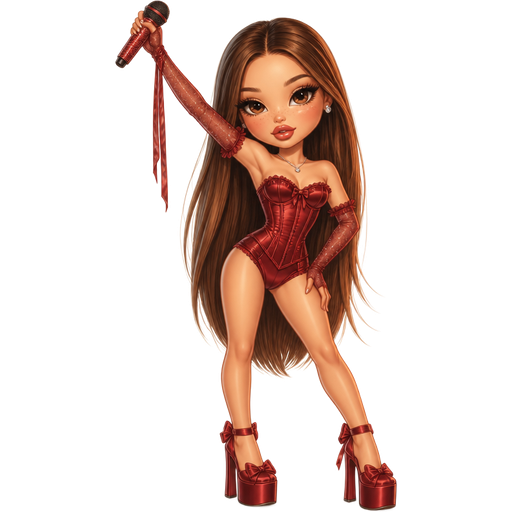 semi-realistic soft cartoon luxury glam, mini plush Bratz-doll aesthetic, cinematic glow, crisp clean detail, glossy glam skin. brown eyed Petite 5ft girl, fair skin with soft freckles, wide face with tall forehead, honey-brown almond wide-set upturned eyes, fluttery lashes, shimmer highlight, plush lips, bottom heavy lip, sweet Belle-princess vibe, long straight brunette hair with visible caramel highlights, wearing a red satin corset bodysuit with sheer gloves and tall platform heels, holding a microphone up dramatically while striking a bold diva pose