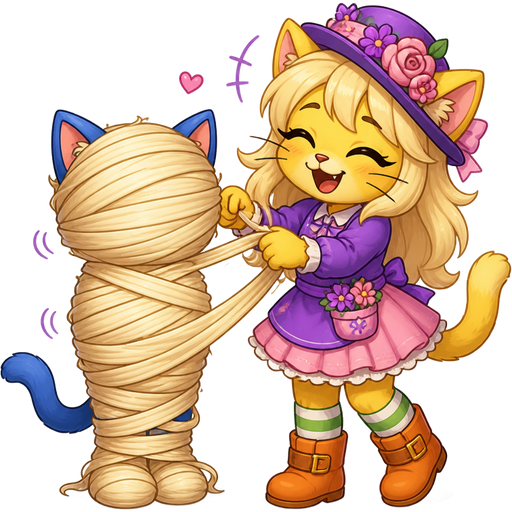 blue knight boy cat furry getting quickly wrapped up mummified by furry yellow cat anthro with purple eyes light blonde hair purple and pink florist hat and purple florist outfit green and white socks orange boots with buckles light pink skirt with light blonde hair 2 light blonde hair mummy shaped like blue knight cat furry completely covered with light blonde hair mummy then furry yellow cat anthro with purple eyes light blonde hair purple and pink florist hat and purple florist outfit green and white socks orange boots with buckles light pink skirt lets out an adorable giggling cartoon version