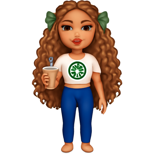Long Curly hair hot woman, green ribbons with starbucks drink crop top, long lashes, nice makeup, big lips, full body