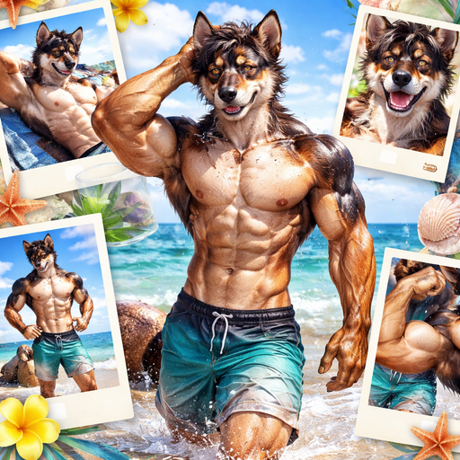 A Full Body and Facial Image of a Hunky and Chunky a Very Hot and Handsome German Shepard mixed with a Australian Shepard bara furry who is a Extremely muscular but not to muscular and Extremely Body defined features and Masculine and Handsome and Ginormous Arms and a Rounded Pecs very Short Strait Hair but tall and a little bit lean. Shirtless and with swimming trunks, tussling his hair at the ocean walking out of the water