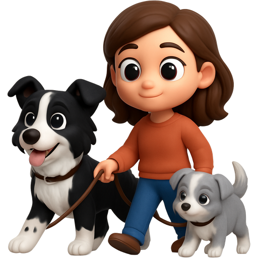 A brunette on a walk with two border collies, one adult black and white with black spots on her front paws and the other one a silver puppy .