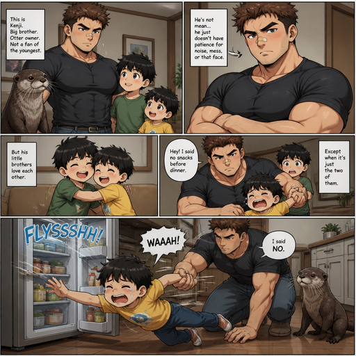 A DETAILED AND LIFELIKE ANIME Comic Book STORY of a Bulky but Muscular ANIME Cute Bara Man With Peach toned skin Who looks Normal aind round facial Structure and Basic facial structure With Puffy and Big Pecs that are visible through the shirt and Biceps and Bandaid on his nose and Brown short hair that makes them look tough. Wearing normal With his pet Grown and healthy realistic otter and 2 little brothers that are in different ages but young. And he doesn‘t like the youngest one and him only but both are scared of him and the little brother‘s love each other at the at home and big brother and The little brother flys to the fridge while the Big brother is holding the little brother’s arm and the little brother lays there crying
