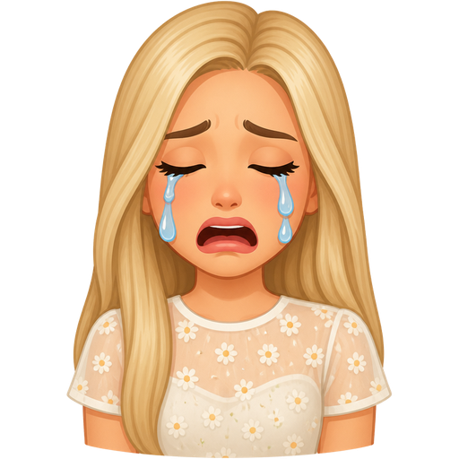 light skin woman with long straight light blonde hair wearing a summer illusion top short sleeves crying