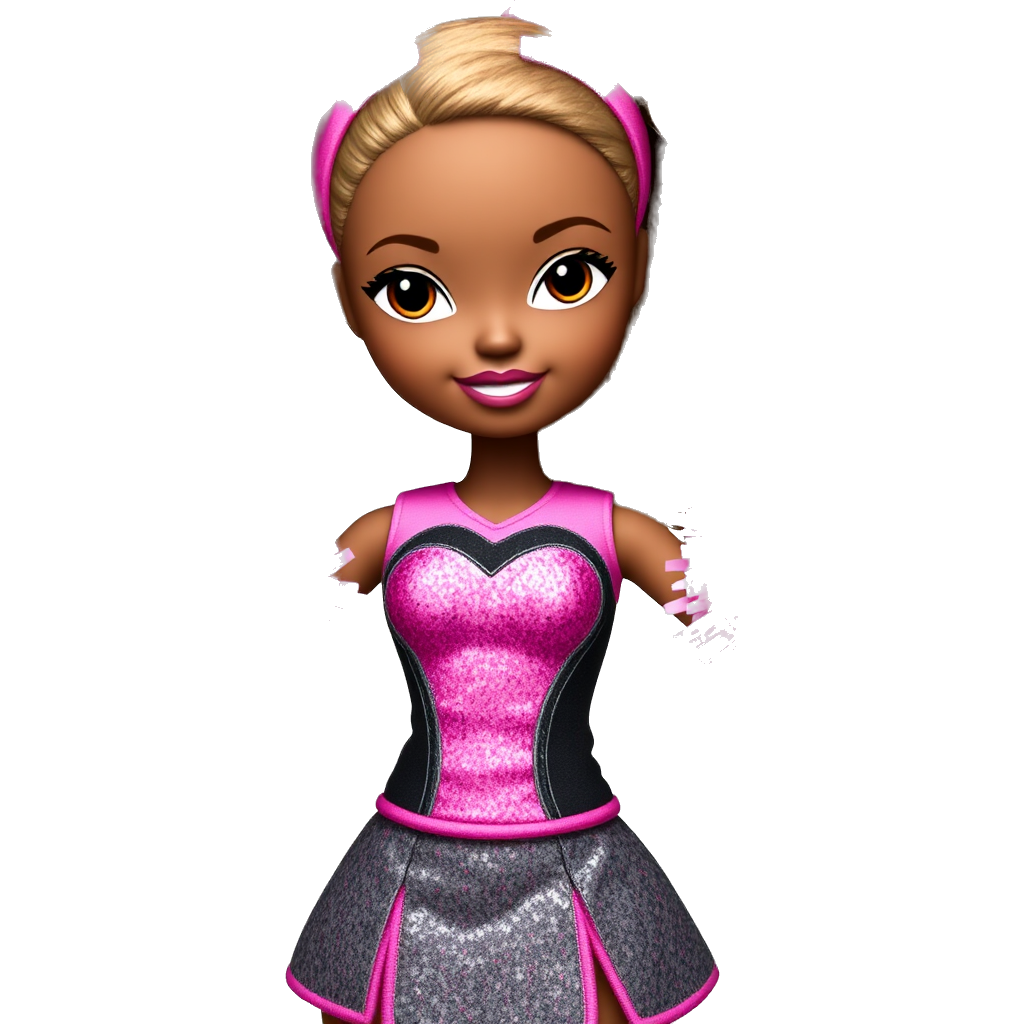 Tall light brown skinned Bratz doll with long dark honey blonde barrel curled hair. She’s wearing a hot pink, black, and silver sequined cheerleading dress. She’s holding pink and silver metallic cheer pompoms