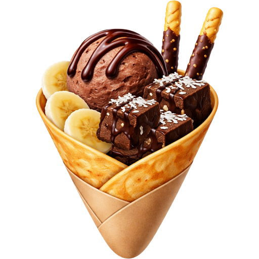 Small Crepe Cone with a Ice Cream Chocolate Scoop and Sliced Bananas on the Side With Dipped Chocolate Bread Sticks and 3 Chunks of Fudge with Sliced Coconut and Chocolate Syrup on Top