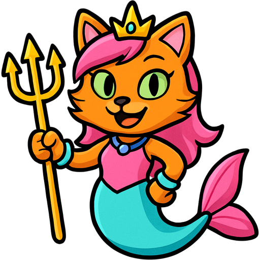 orange cat vixen hybrid smiling with pink hair green eyes golden crown with light purple necklace light cyan braclets pink dress with pink skirt attached to cyan mermaid tail with pink tail fins holding a golden trident sonic x version emoji, artistic style