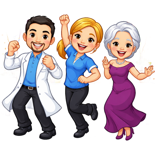A male chemist with very short black hair and a hairy chin, in a chemist coat , with a blonde lady with hair tied back wearing a blue uniform short sleeve top with black pants, and another old lady in a stylish dress. All Dancing to music with a dinner party and balloons behind them