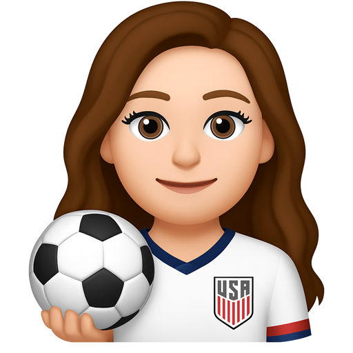 White Brunette girl with long brown wavy hair hazel eyes eyelashes USA soccer jersey holding soccer ball