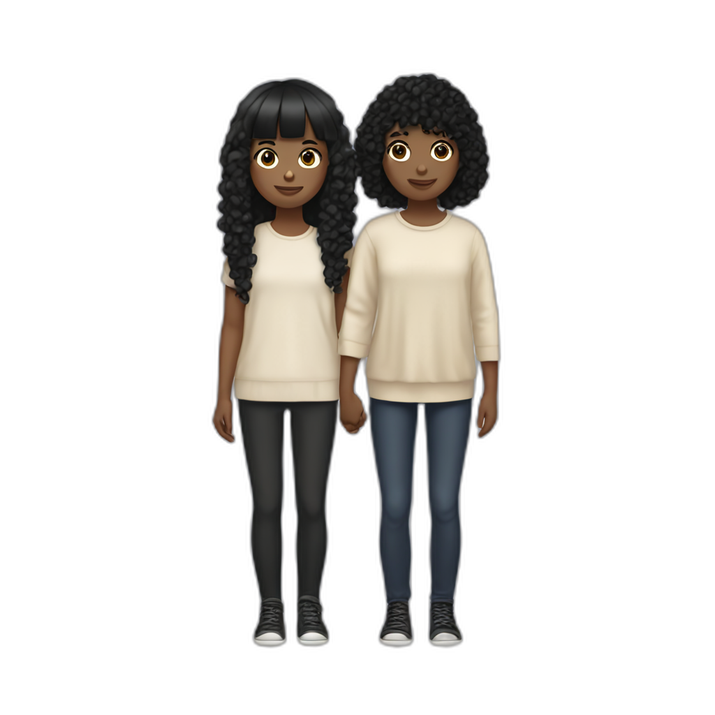"a Girl have light beige skin and straight short black hair and bangs", she holding hands with girl have brown skin and mullet black curly hair "