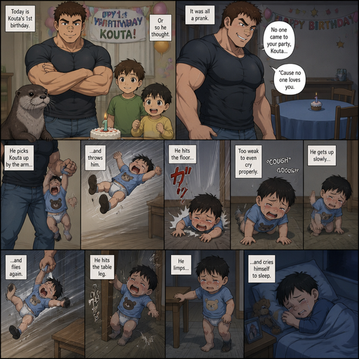 A DETAILED AND LIFELIKE ANIME LONG Comic Book story view of a Bulky but Muscular ANIME Cute Bara Man With Peach toned skin Who looks Normal aind round facial Structure and Basic facial structure With Puffy and Big Pecs that are visible through the shirt and Biceps and Bandaid on his nose and Brown short hair that makes them look tough. Wearing normal With his pet Grown and healthy realistic otter and 2 little brothers that are in different ages but young. At the baby brother‘s birthday party And the baby on his birthday was left home alone with no one at his party and it was a prank from him with no one around to show that the baby isn’t loved And so he picks the little baby brother up at his alone Party by the arm and the baby brother fly’s into to the floor and cries but is to weak and the baby brother sits there coughing and gets up slowly. and he flies again to and hits his table leg, and he limps to bed and cries to sleep
