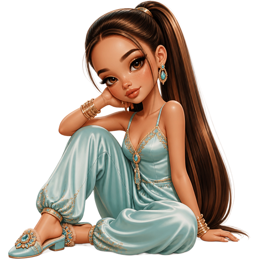 semi-realistic soft cartoon luxury glam, mini plush Bratz-doll aesthetic, cinematic glow, crisp clean detail, glossy glam skin. brown eyed Petite 5ft girl, fair skin with soft freckles, wide face with tall forehead, honey-brown almond wide-set upturned eyes, fluttery lashes, shimmer highlight, plush lips, bottom heavy lip, sweet Belle-princess vibe, long straight brunette hair with visible caramel highlights, wearing a turquoise silky lounge top with delicate gold trim, matching soft draped pajama pants gathered at the ankles, jeweled slippers, stacked gold bangles, hair in a super long sleek ponytail, makeup with bronze-gold shimmer, warm contour, and a glossy caramel-nude lip, posing with luxe cozy princess energy and a calm confident smile