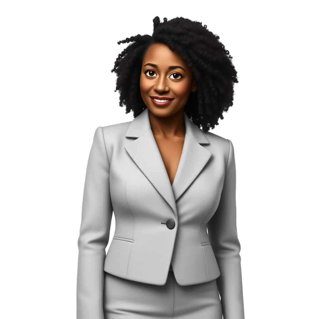 very darkskin like dark chocolate pretty black woman with upper east side classy look with light grey matching skirt and blazer set and curly afro shoulder length mid 30s to 40s