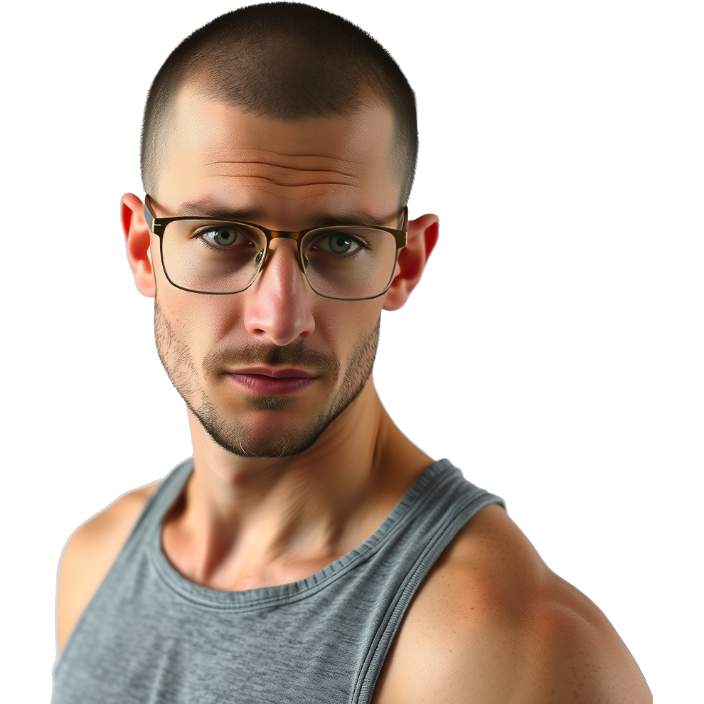 A man with a buzz cut all over his head and a gray tank top and greenish blueish gray eyes and glasses lighter hair and more of a cheek