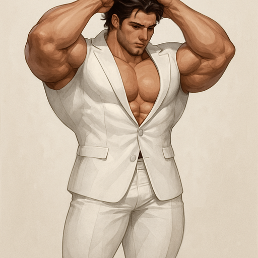 Full body view of buff, jacked and muscular with a huge pecs and biceps. In A Full White Blazer and White Pants. With his Hands going through his hair
